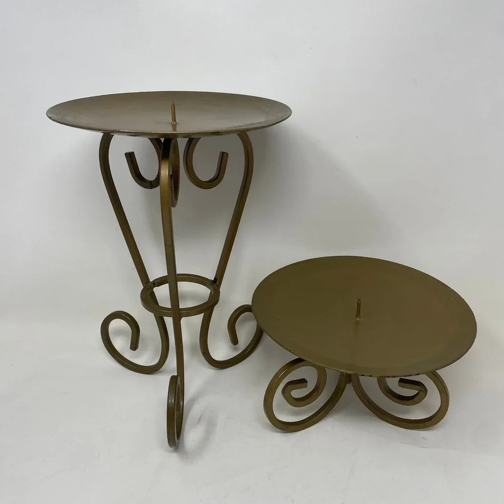 Vintage Gold Wrought Iron Pillar Candle Holder Set Scroll Tripod Base 2 Piece